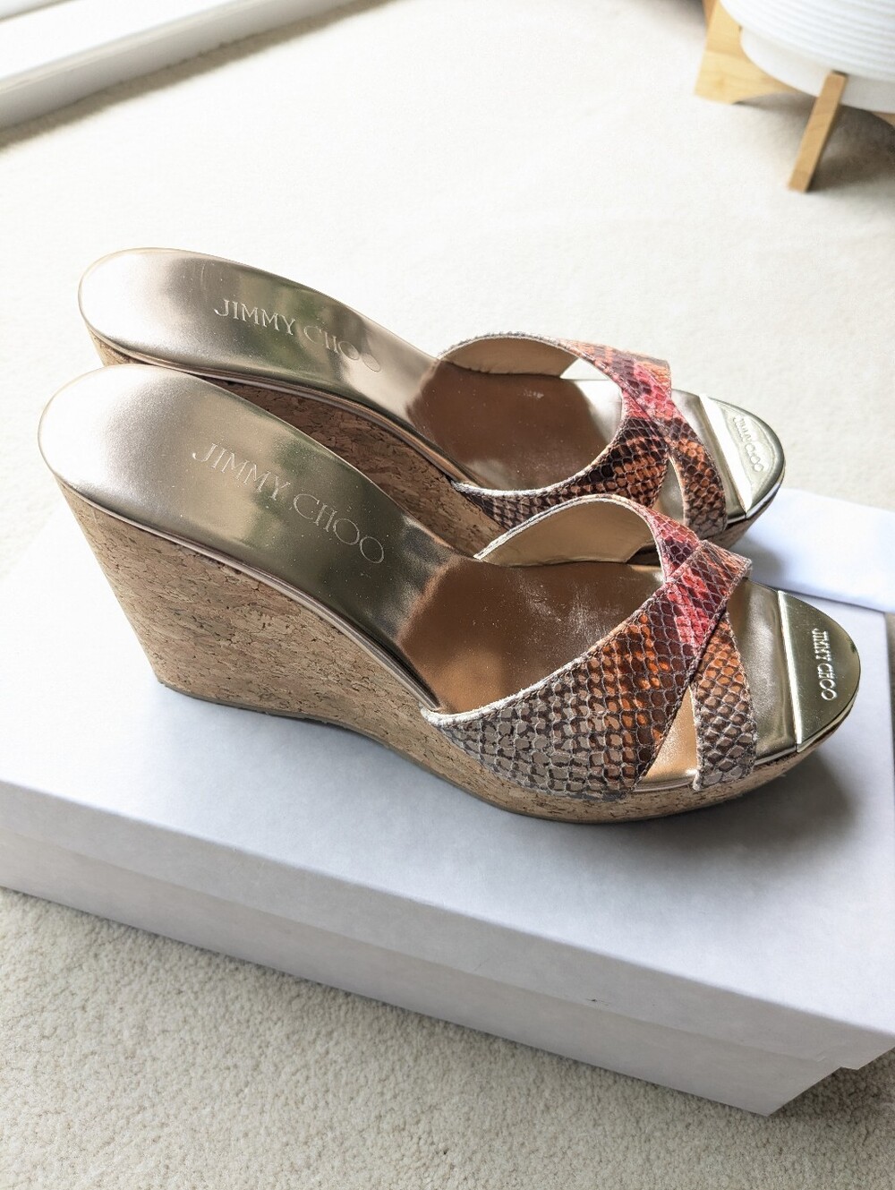 NIB Jimmy Choo Leather Geranium Snake Print Wedges 100mm - size 37.5